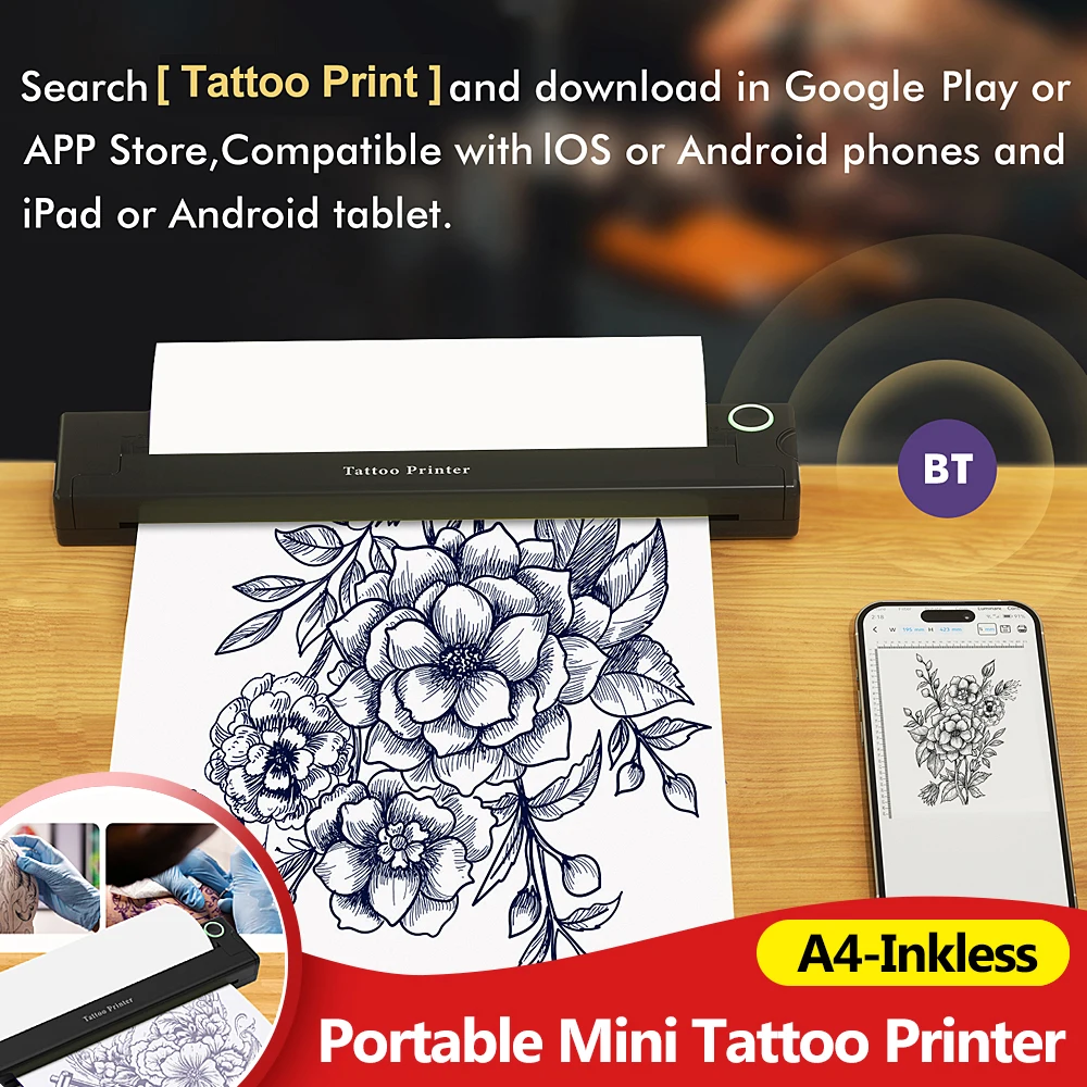 Mini impressora térmica portátil a4, estêncil de tatuagem, bluetooth, impressão hd, máquina de tatuagem a4, transferência de papel de tatuagem