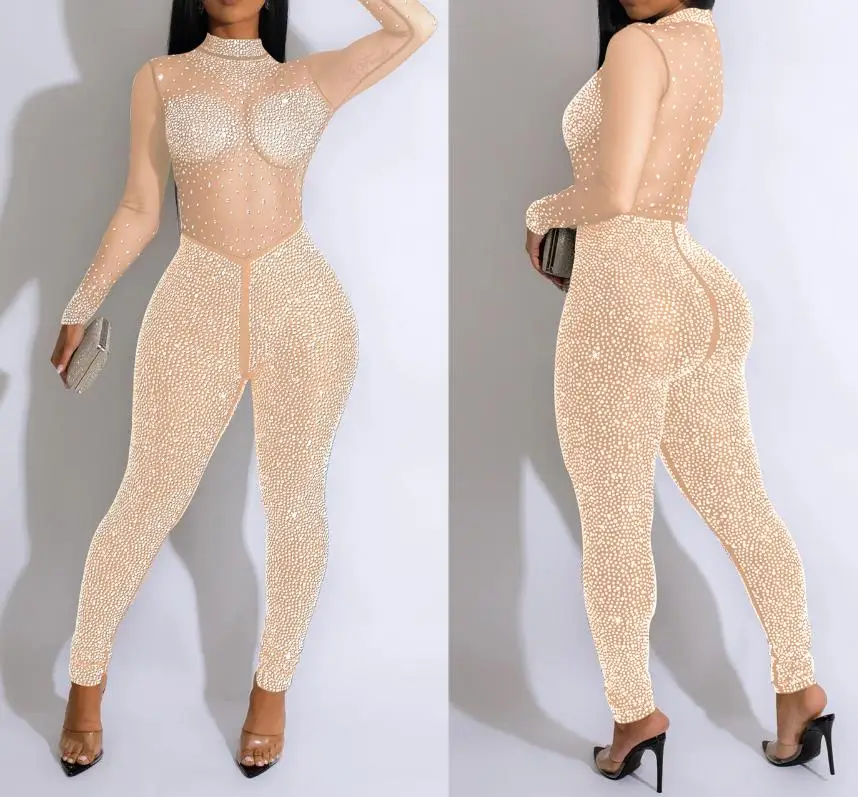 Sexy Party Jumpsuits Women 2023 Autumn Solid Mesh Diamond Fashion Long Sleeve Pants Jumpsuit Clubwear Female Overalls Streetwear