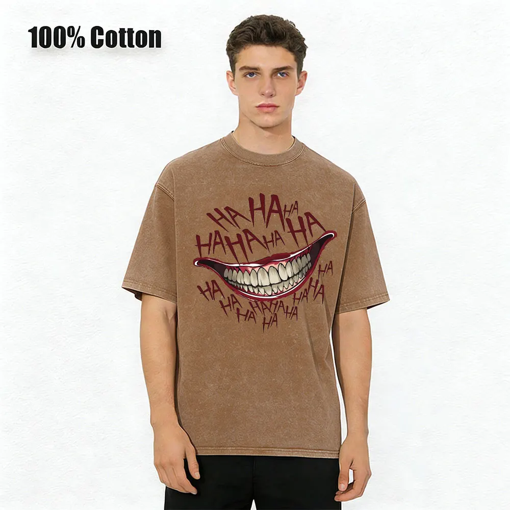 Ha Ha Joker Smile Print Cotton Vintage Washed Tshirts Loose Hip Hop Casual GYM Running Unisex Summer T-shirts For Men Women