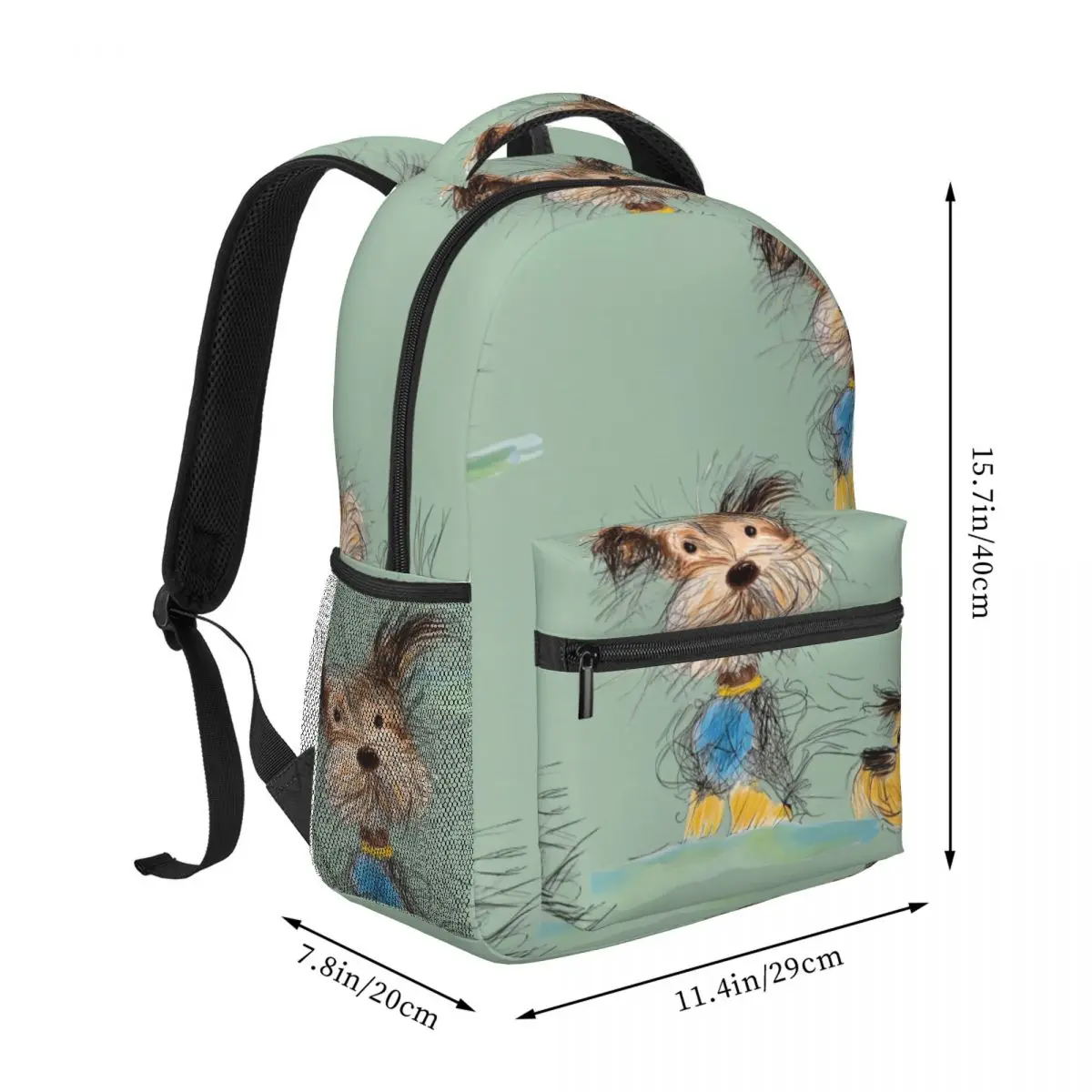 Aesthetic School Backpack Tossed Sketch Dogs Playful Doodle Soft Green Blue Yellow Sweet Bookbag for Girls Teens Daily School