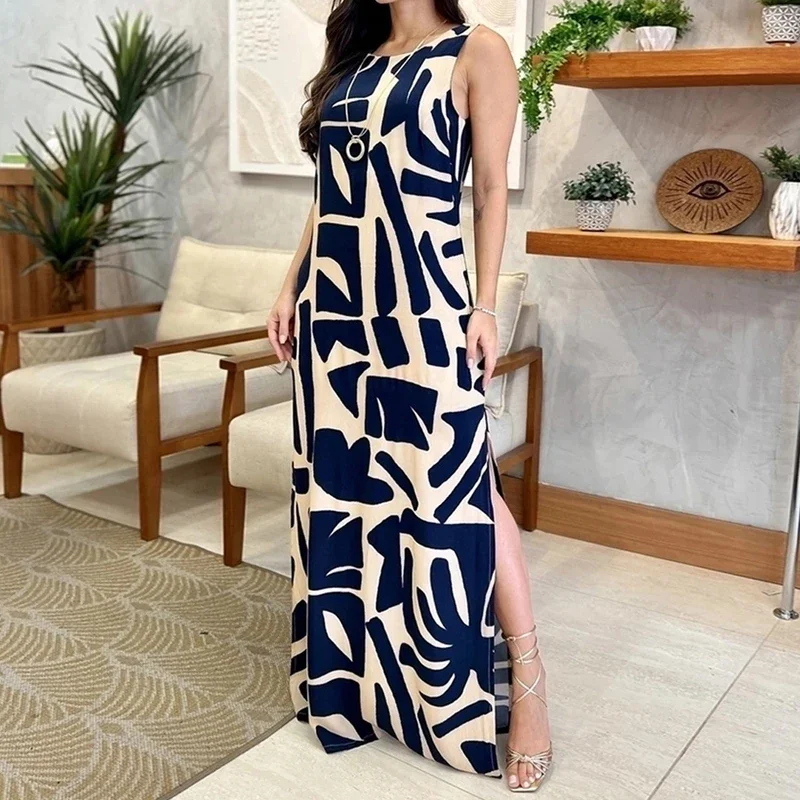 Women Sexy Side Split Pocket Maxi Dress Elegant O-neck Sleeveless Party Dress Fashion Pattern Printed Lace-up Waist Long Dresses