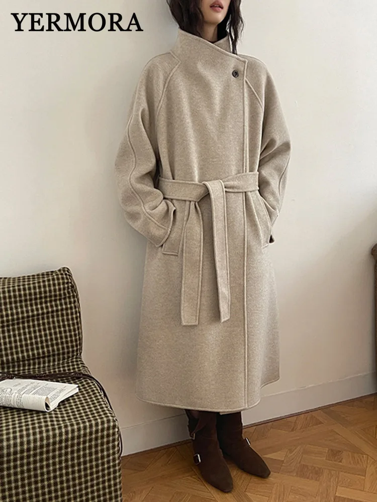 

YERMORA абрикосовый пояс, короткое повседневное теплое шерстяное пальто, женское свободное новое пальто с воротником-стойкой и длинными рукавами, модное пальто, зима 2025