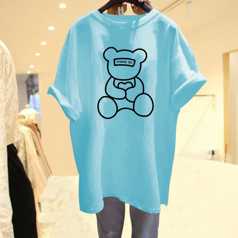 

Summer Fashion Short Sleeve Basics Top Tee Women Clothing Cartoon Printed O-neck Pullovers Loose Casual 100% Cotton T-shirt