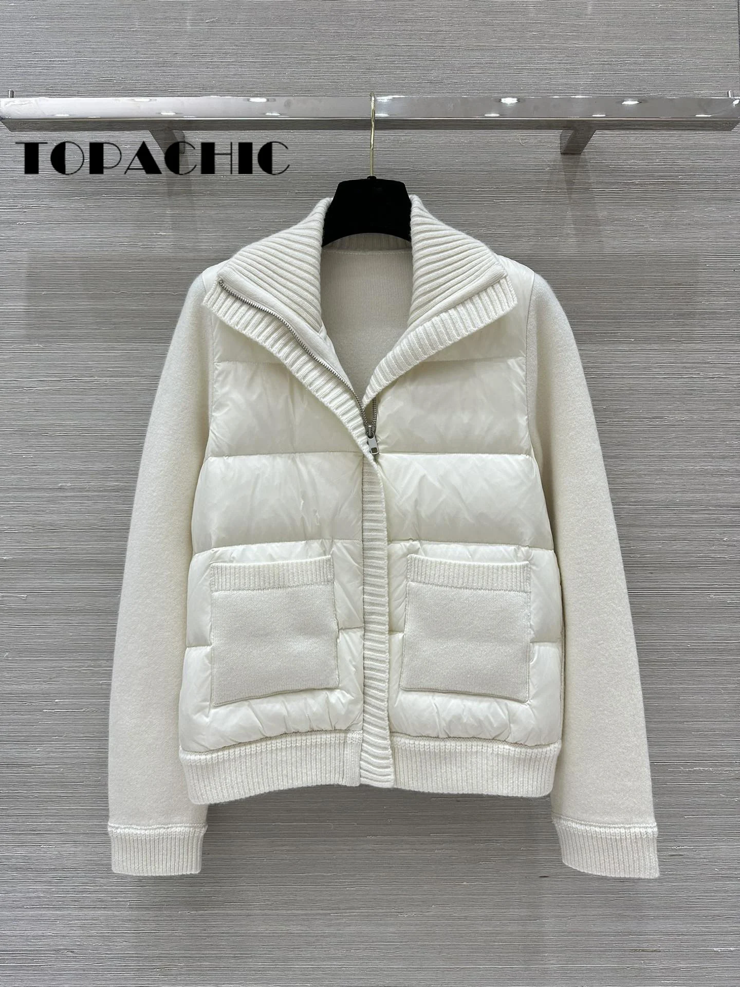 8.26 TOPACHIC-Women Clothes Fashion Double POcket Knit Spliced Long Sleeve Jacket Quilted Goose Down Lapel Zipper Outerwear