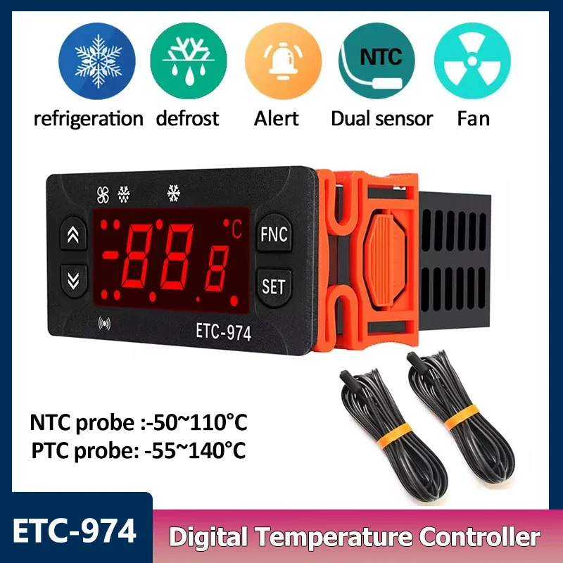 ETC-974 Digital Temperature Controller with Dual NTC Sensor Refrigerator Thermostat Regulator 12-24V/110V/220V Thermoregulator