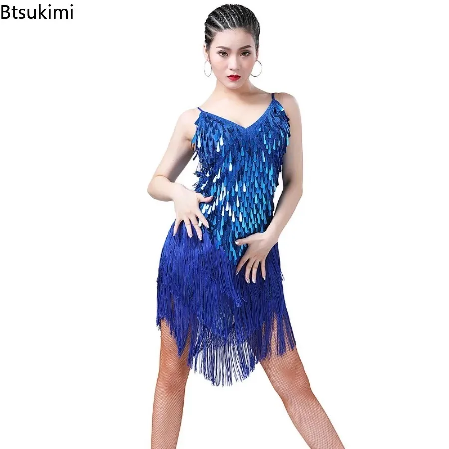 Abito da ballo latino con paillettes lucide da donna Nappa scintillante Party Dancewear Costume di scena Sala da ballo Salsa Samba Rumba Jazz Tango Outfit
