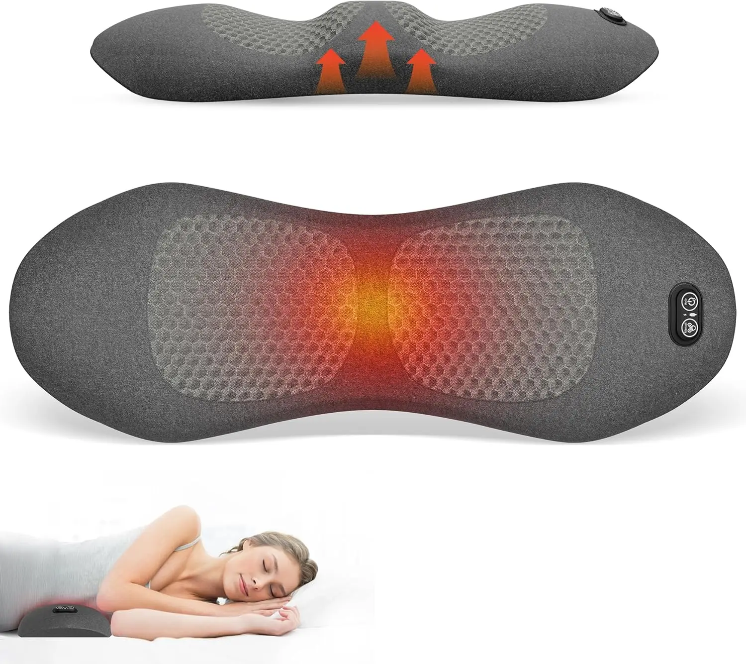 3 in1 Triple Fusion Back Massager， Lumbar Support Pillow withHeat, Vibration & Adjustable Traction -Memory Foam Back Massager
