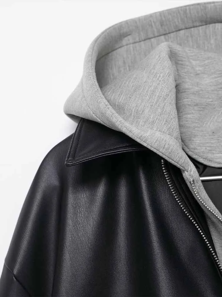 Nuovi arrivi autunnali in stile europeo e americano, abbigliamento da donna alla moda e alla moda, versatile giacca effetto pelle patchwork.