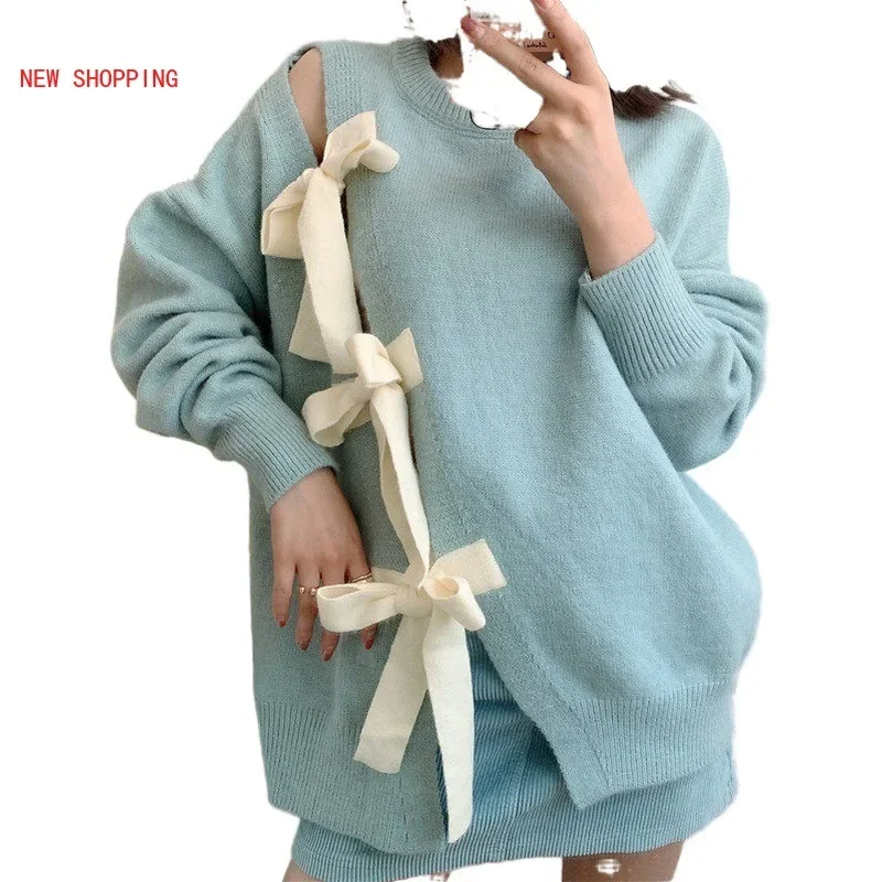 Causal Fashion Korean Bow Tie Hollow-out Split Pullover Sweater Long Sleeve O-neck Knitted Tops 2024 Autumn Winter Knit Jumper