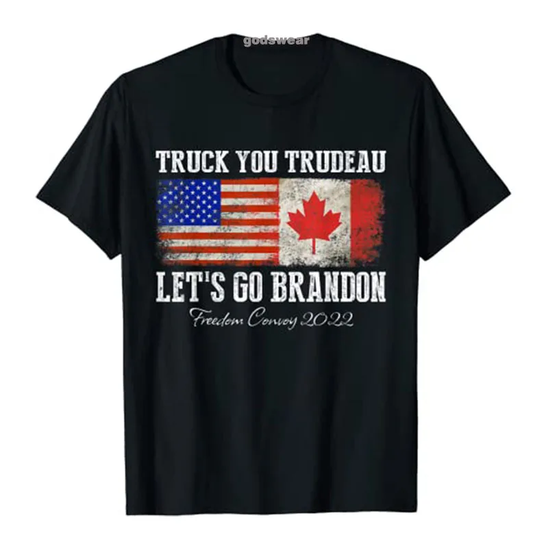 Truck You Trudeau Let's Go Brandon Freedom Convoy Truckers T-Shirt USA Canada Flag Print Men Clothing Short Sleeve Blouses