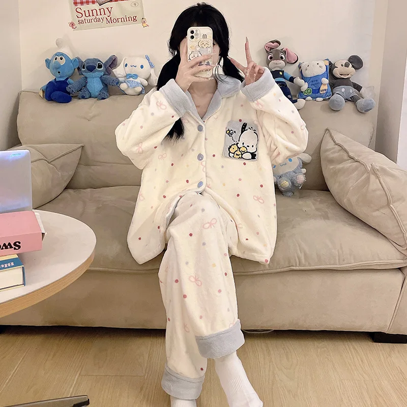 لطيف مرحبا كيتي الإناث الفانيلا منامة دعوى الخريف الشتاء الحلو الكرتون الفتيات طويلة الأكمام رشاقته الدافئة سترة صالة الملابس