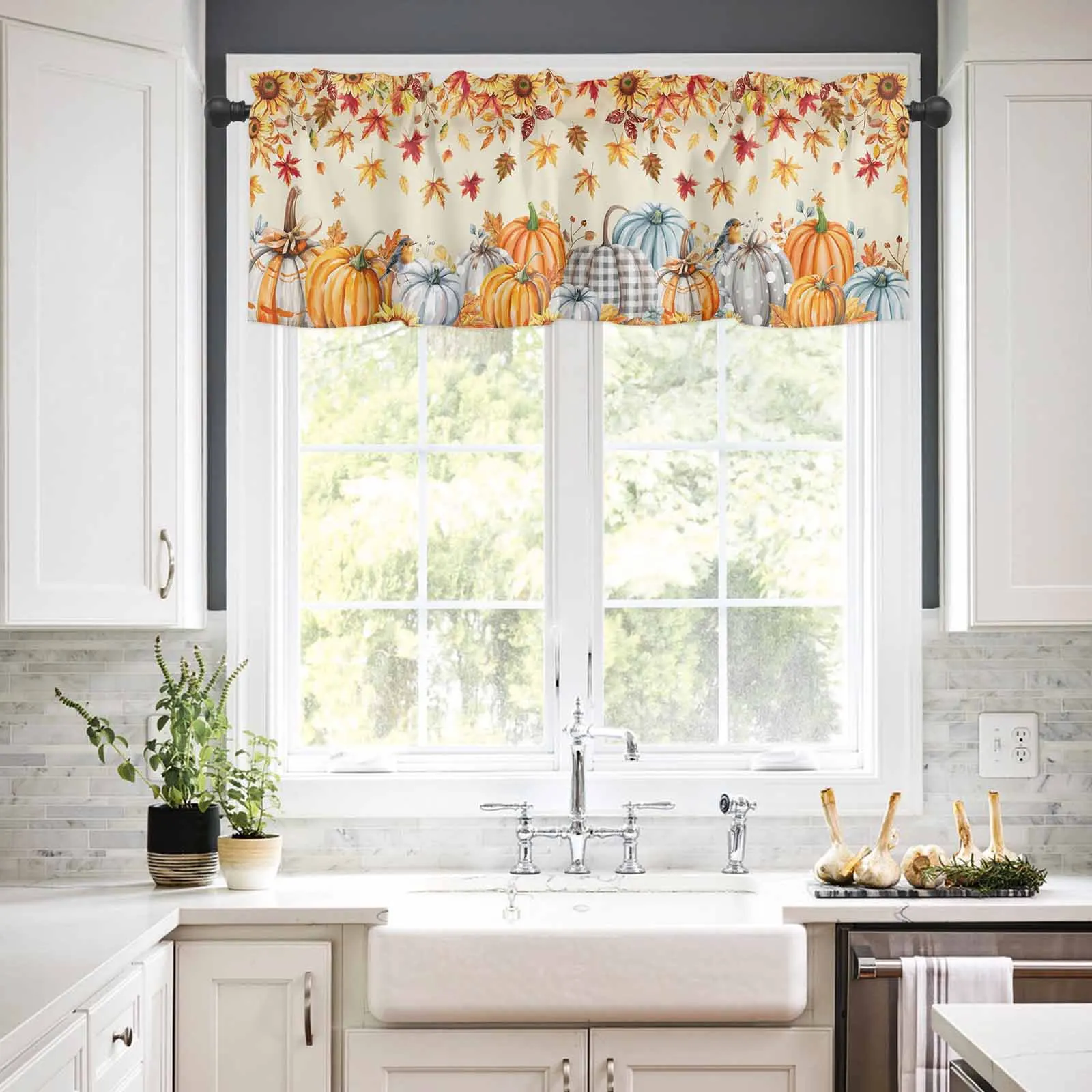 

1PCS Kitchen Short Curtain Valance Yellow Gradient Thanksgiving Pumpkin Rod Pocket Window Home Decoration
