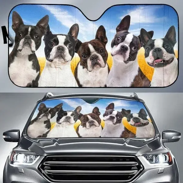 Funny Black White Boston Terrier Team Blue Sky Pattern Dog Lover Car Sunshade, Gift Idea for Boston Terrier Mom, Car Windshield