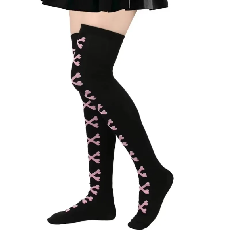 Womens Sok Dij Hoge Kousen bot Dames Halloween Zwart Wit roze Gestreept Over Boven Lange Knie Sok grappige Cosplay Harajuku