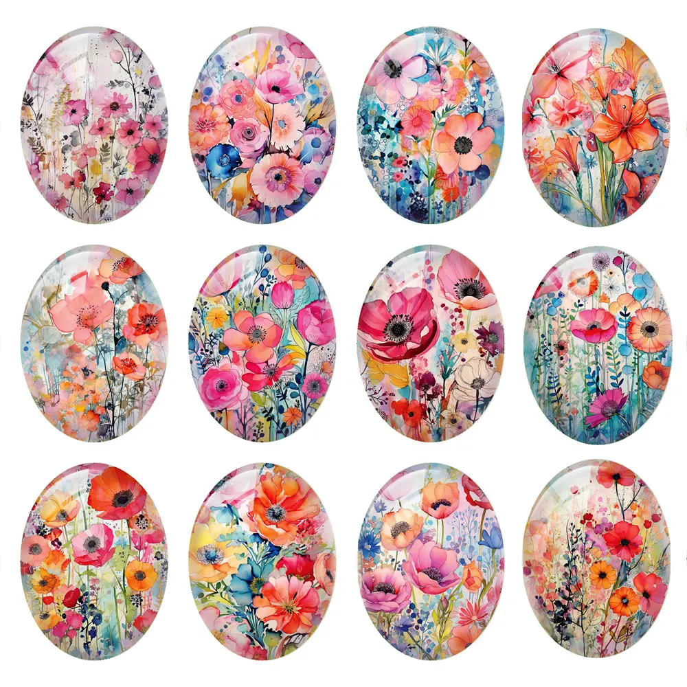 

10pcs/lots Oval Photo Glass Cabochon Charms Ink Flower Spring Demo Flat Back Cameo For Diy Jewelry Making Finding Accessories