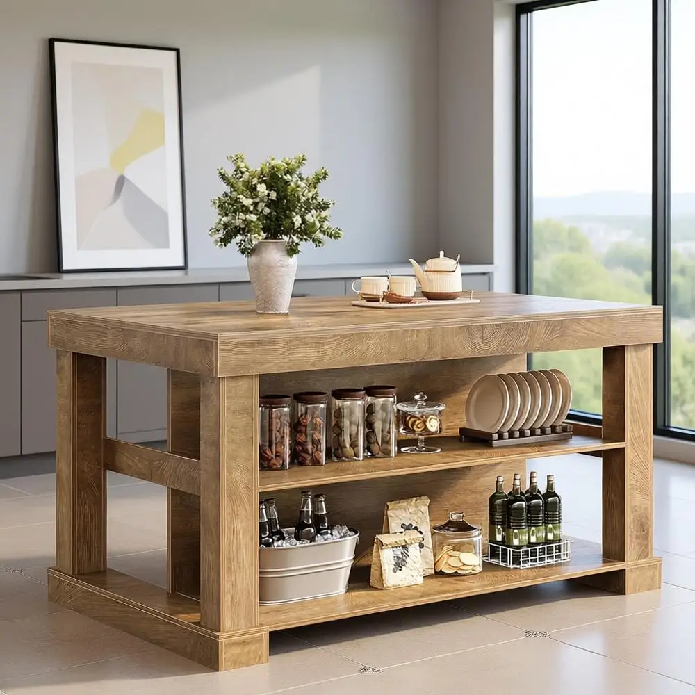 جزيرة مطبخ خشبية واسعة 55 على طراز المزرعة مع 3 أرفف وسطح عمل كبير، سهلة التجميع، بني فاتح #1