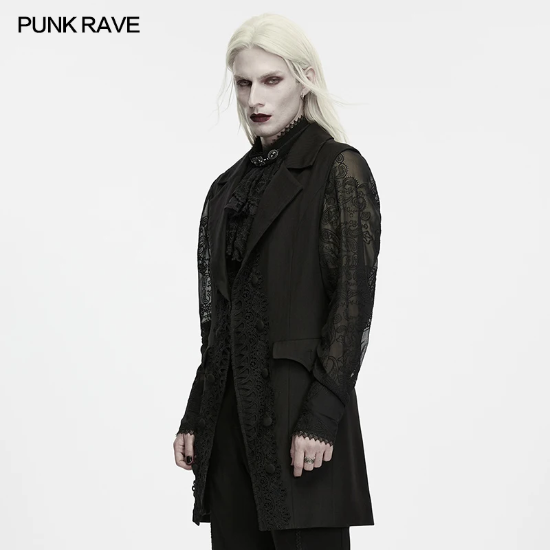 PUNK RAVE Men's Gothic Jacquard Double-breasted Covered Buttons Long Waistcoat Large Lace Edges Vintage Aristocratic Coat