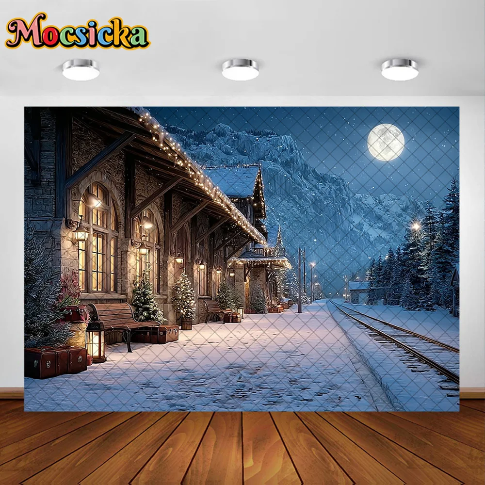 Mocsicka Photography Background Christmas Eve Train Station Decoration Children Family Xmas Holiday Party Portrait Studio Prop