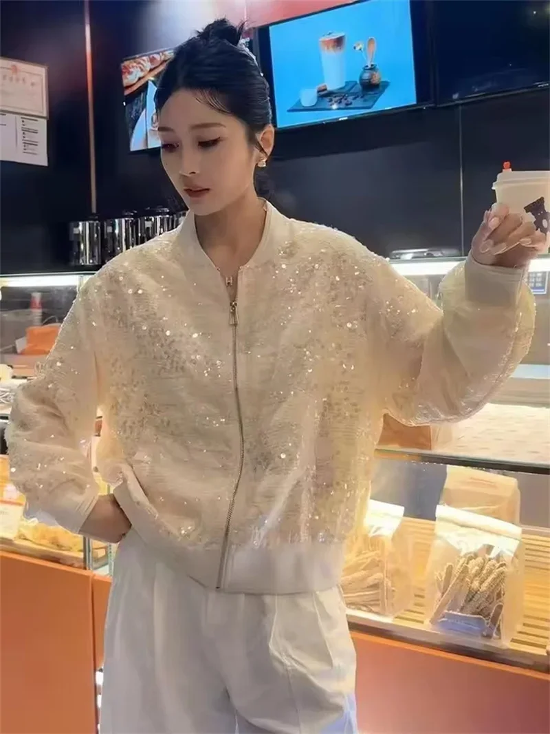 Pop Pop Fashion Sparkly Sequin Short Jacket Women Spring Autumn Loose Casual Thin Basic Coat Long Sleeve Baseball Uniform Outerw