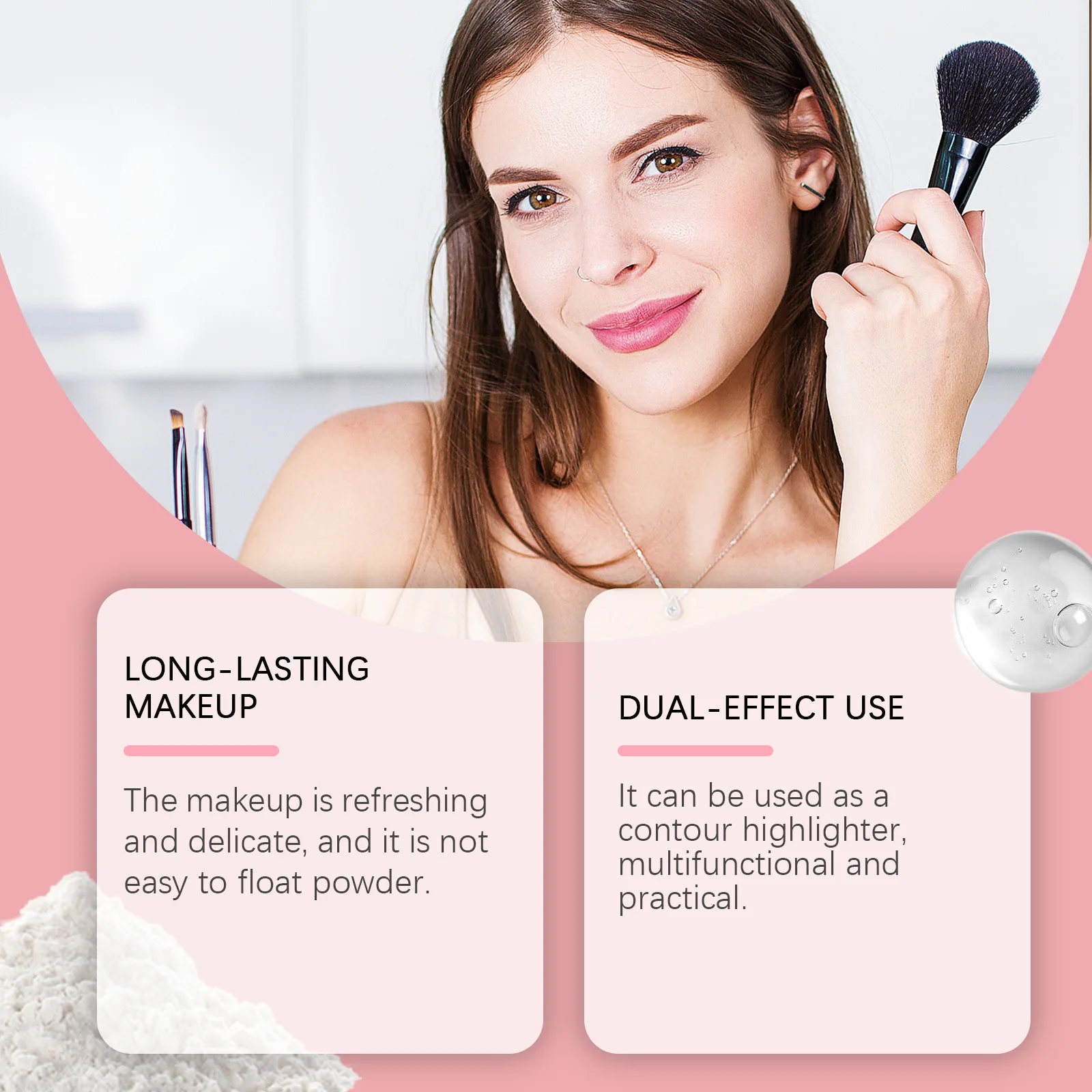 Matujący pudrowy podkład o naturalnym wykończeniu, pieczony, rozjaśniający, korygujący kolor, długotrwały, kontrolujący wydzielanie sebum, przezroczysty puderek utrwalający makijaż.