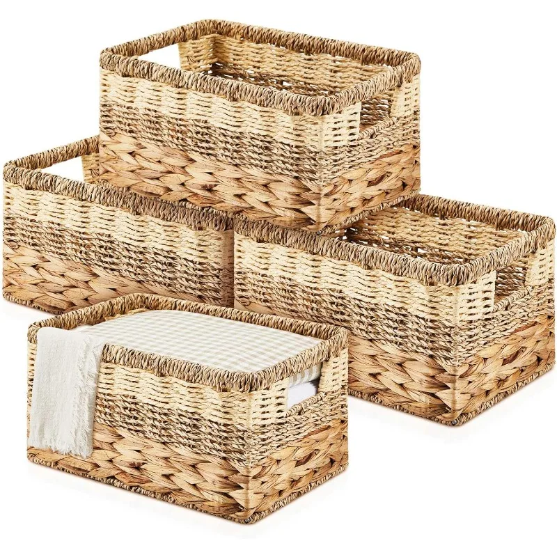 

4 Pcs Wicker Storage Basket Water Hyacinth Seagrass Woven Baskets for Organizing Square Wicker Storage Cubes