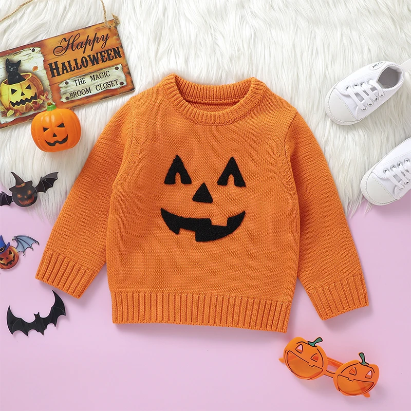 Toddler Boys Girls Halloween Sweaters Witch Pumpkin Ribbed Knitted Sweater Pullover Tops