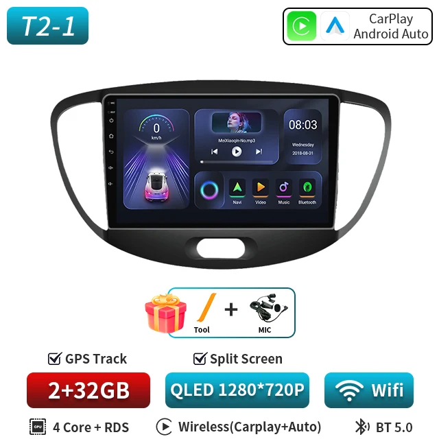 Android 16 CarPlay Auto 5G WIFI Autoradio Voor Hyundai i10 2007 2008 2009 2010 2011 2012 2013 GPS multimedia Spelerereo BT DVD