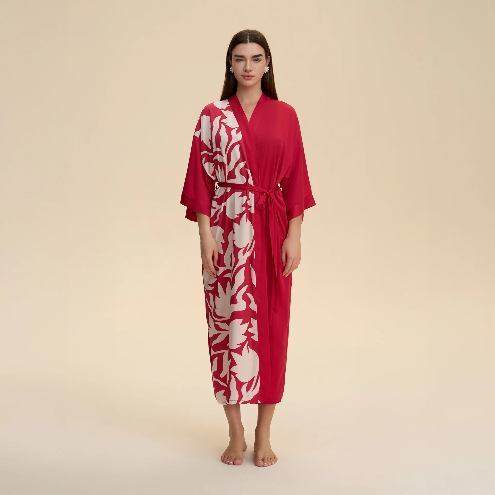 

Oversize Long Robe Women Sleepwear Home Dress Sexy Red Print Flower Kimono Bathrobe Silk Satin Nightgown Loungewear