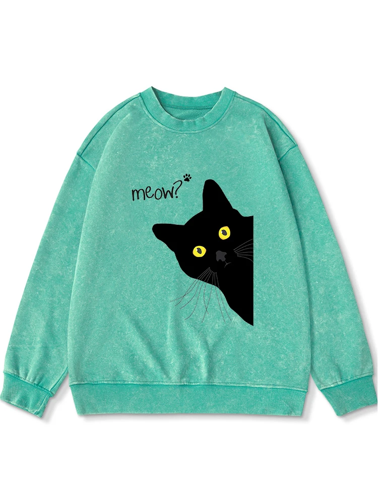 

Big Black Cat Print Womens Distressed Washed Tops Autumn Comfortable Cotton Simple Comfortable Sweatshirt Soft Warm Sportswears