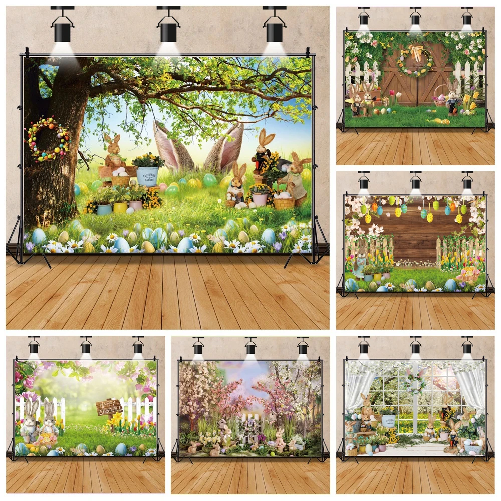 Mùa Xuân Lễ Phục Sinh Phông Nền Chụp Ảnh Tai Thỏ Trứng Vườn Hoa Bé Chân Dung Chụp Ảnh Trang Trí Tiệc Ảnh Nền