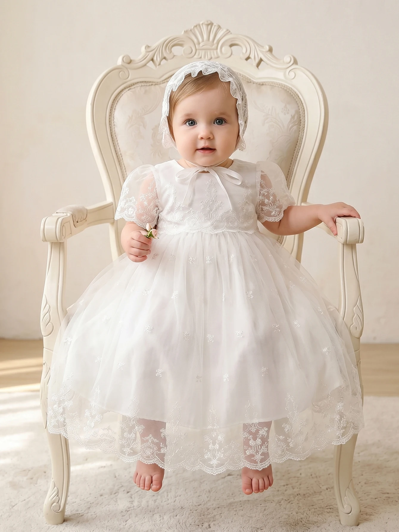 Baby Girls White Floral Embroidery Tulle Dress Lace Short Sleeves Scallop Hem For Baptism And Christening Wedding Birthday Party