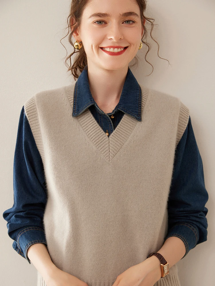 

Basic Women's Vest Sweater Pullover 100% Cashmere Vest Autumn Winter Sweater Sleeveless Clothes V-neck Classics Waistcoat Knit