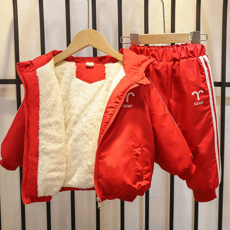 2023 New Winter Children's Set Boys' Warm and Velvet Zipper Hooded Jacket Long Pants Set Girls' Windproof Sportswear Set 0-7Y