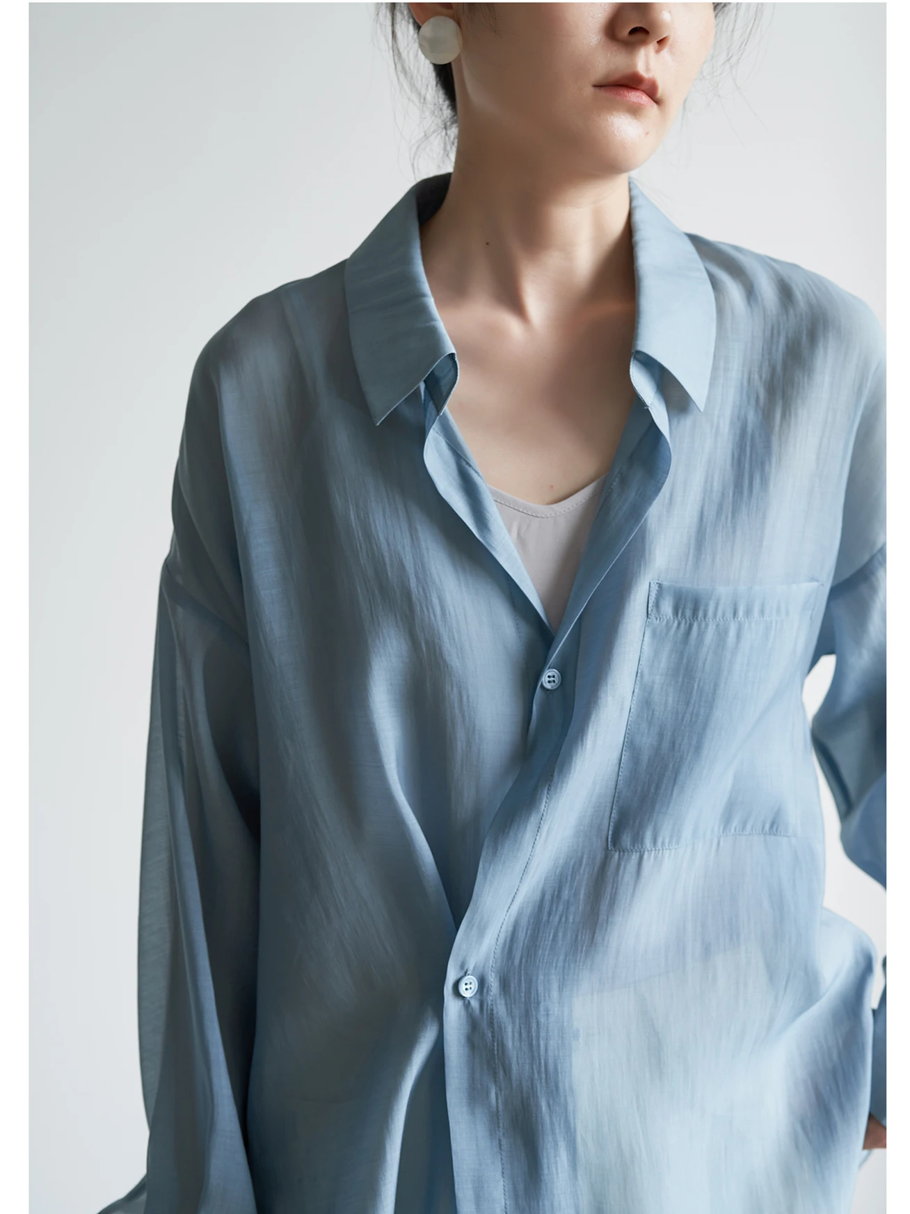 New Autunm women turn-down collar Lyocell shirt with pocket loose casual BF style lingweight thin Cardigan blouse oversize tops