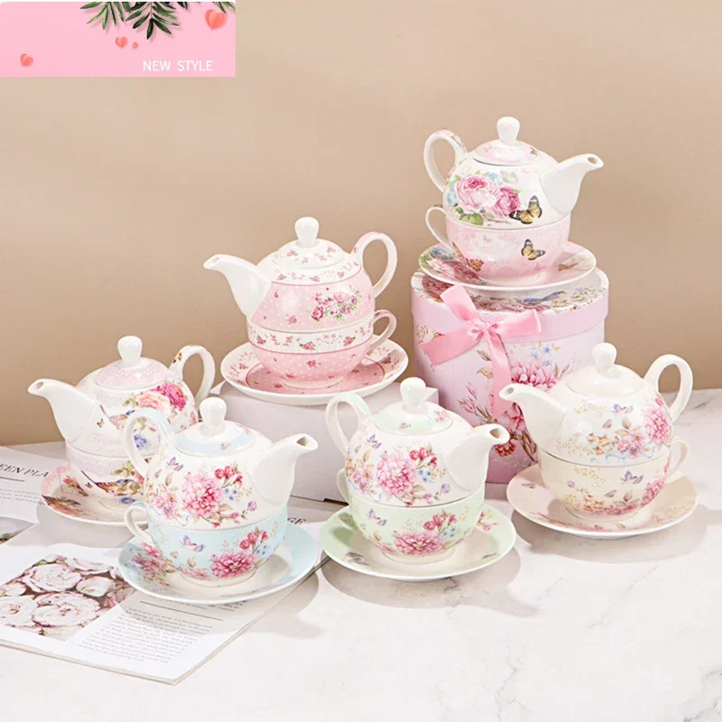 

Porcelain Teapot Teacup Saucer Set Chinese Flower Design Coffee Tea Pot Cup for One Set