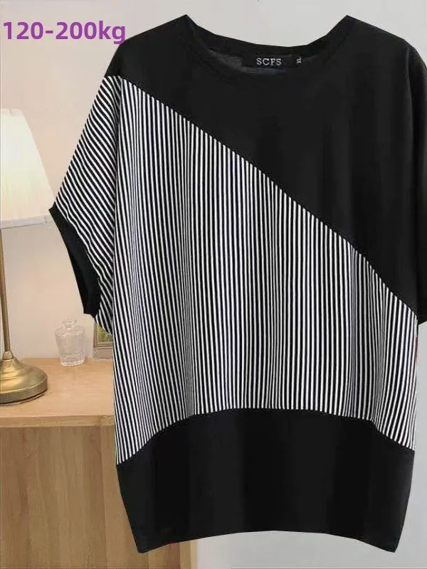 

Полосатый топ «летучая мышь» больших размеров для женщин среднего возраста, летняя повседневная удобная футболка свободного кроя с высокой талией