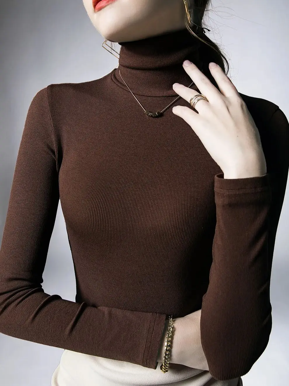 Autumn Winter Turtleneck Long Sleeve Base T-shirt Top Women\'s Simple Slim Fitting Bottom Blended Cotton T Shirts