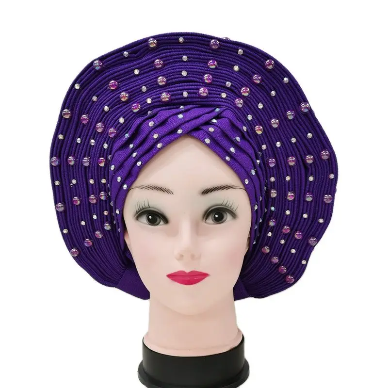 Best Selling Nigerian Gele Headtie Aso Oke Gele Already Made Auto Gele Aso Ebi Headtie African Turban Cap With Colorful Beads