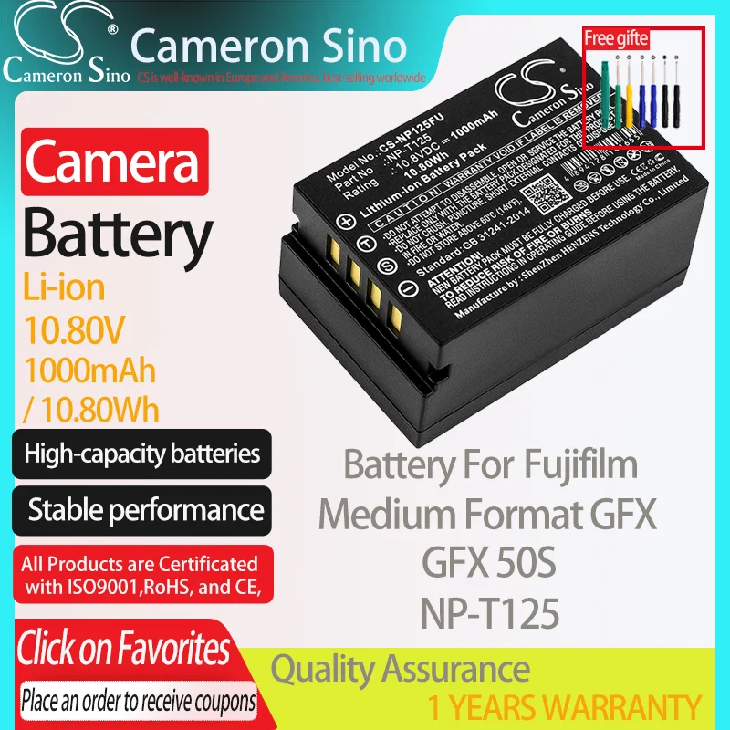 CameronSino Battery for Fujifilm Medium Format GFX GFX 50S fits Fujifilm NP-T125 camera battery 1000mAh/10.80Wh 10.80V Li-ion