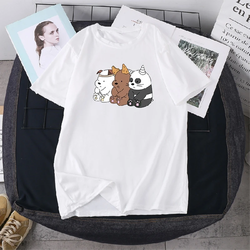 المرأة الدب طباعة تي شيرت ، بلوزة السيدات ، بلوزة قصيرة الأكمام ، أسود وأبيض الشارع الشهير ، ملابس الإناث ، ملابس الصيف ، Y2k