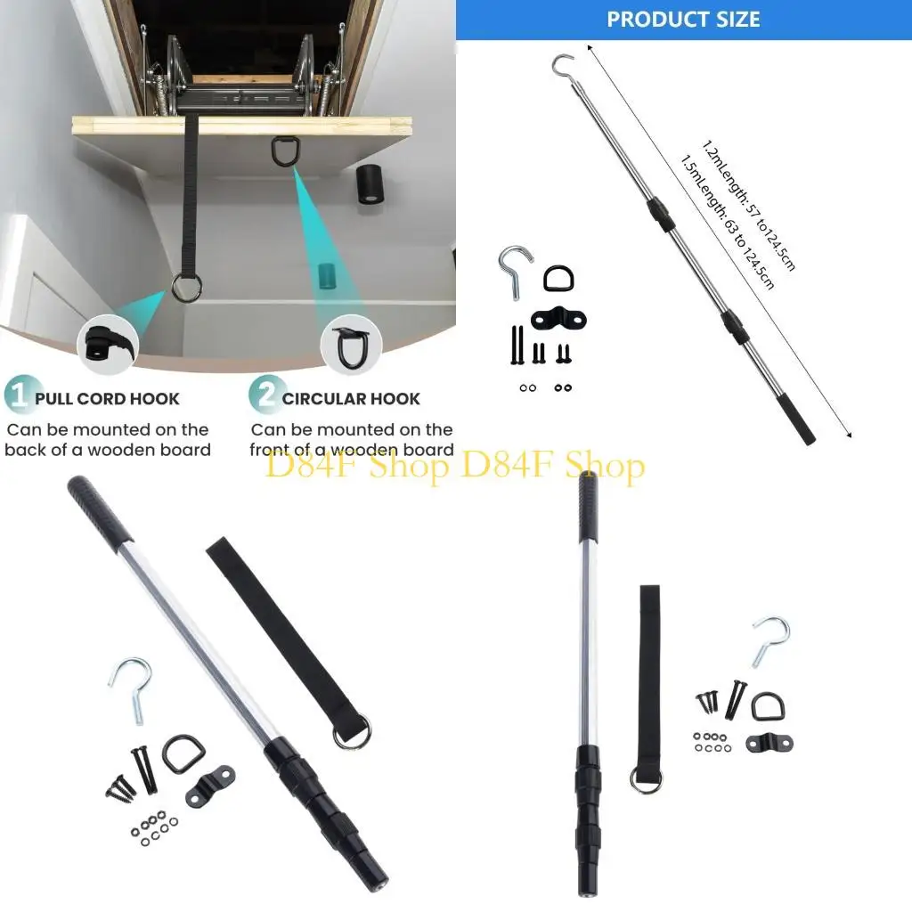 D84F 2 in 1 Lofts Ladder Drop Down System With Hook Rope Rings Sturdy Nonrust Steel Rod Space Efficient Design