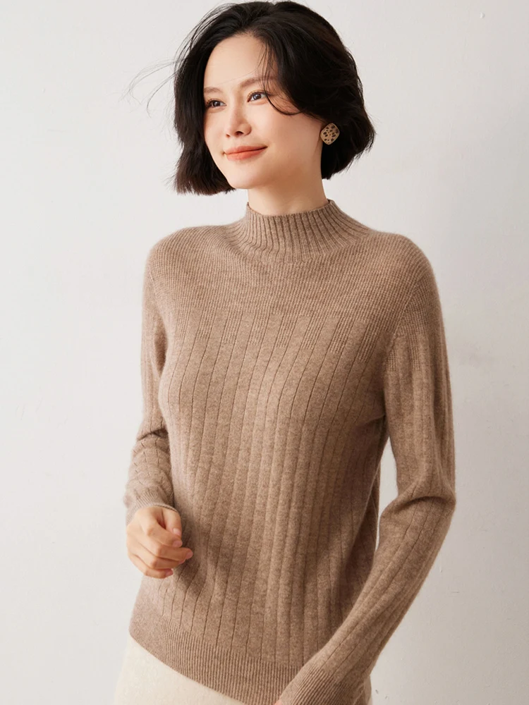 

New Women Cashmere Slim Pullover Basic Mock Neck Sweater Autumn Winter Long Sleeve 100% Cashmere Knitwear Striped Clothing Tops