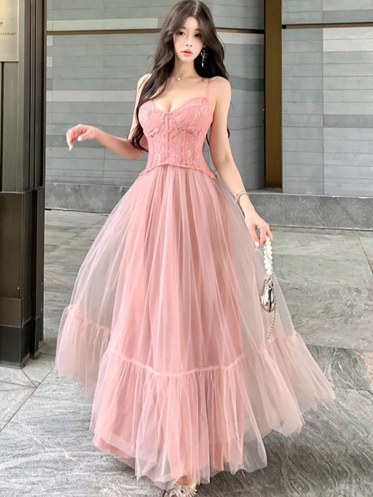 

Женское длинное платье с кружевными вставками и жаккардовым узором, сетчатое, с оборками, летнее, с V-образным вырезом, сексуальное, на бретельках, 2026, корейское винтажное роскошное платье-гown