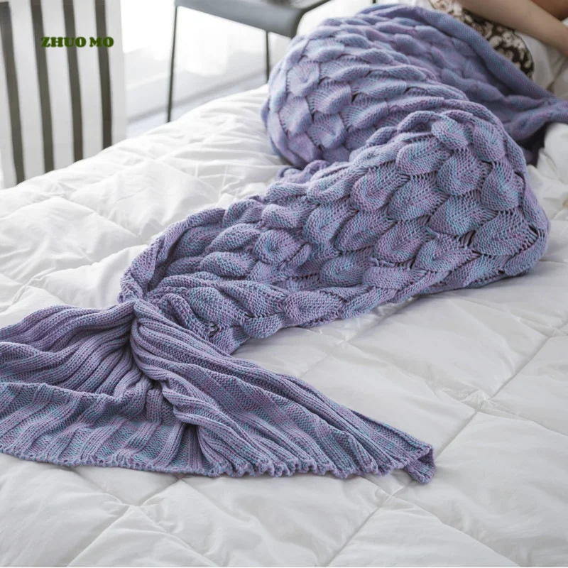 60*140 cm Fashionable mermaid blanket, home sofa blanket party decoration fishtail bar blanket fish scale knitted blanket gift