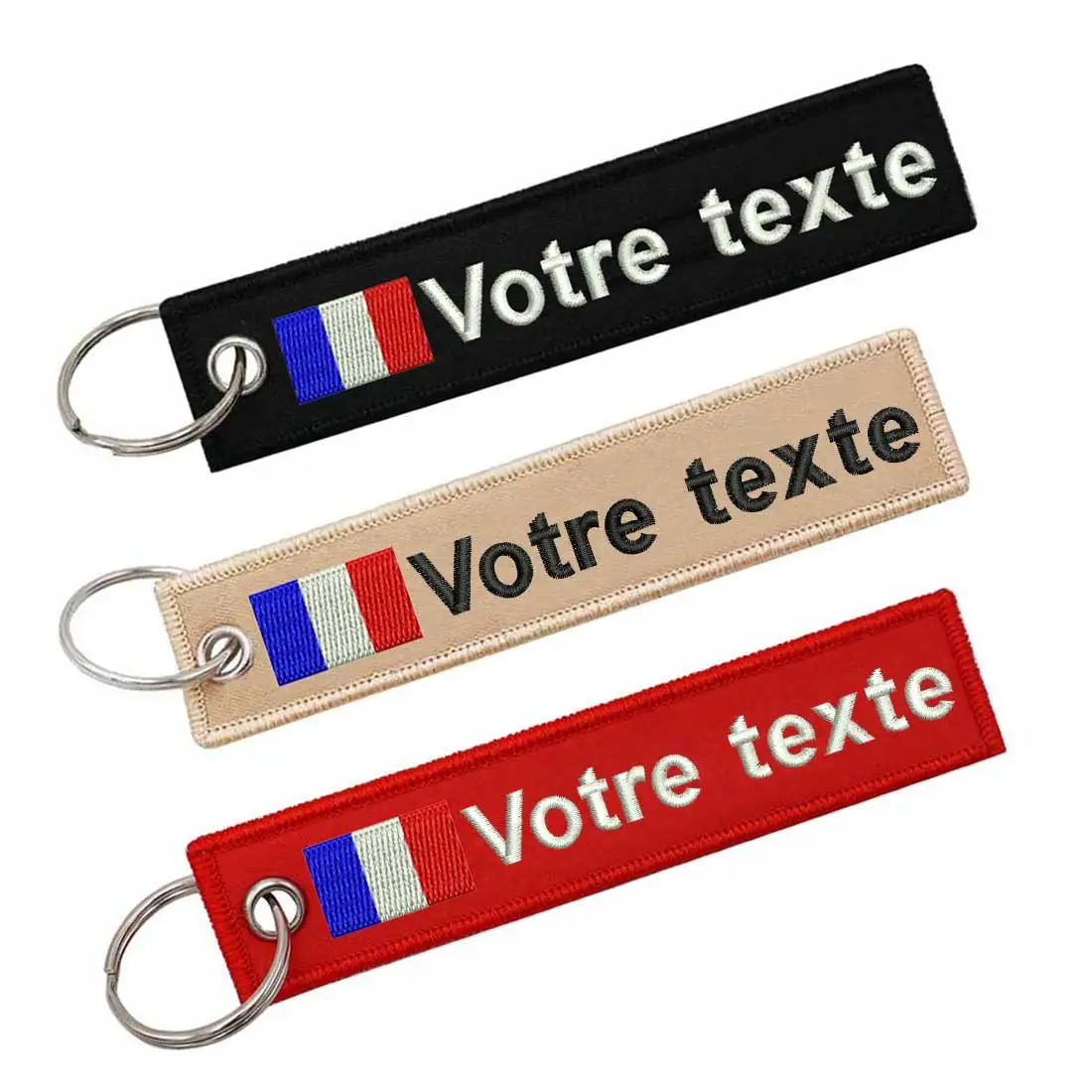 Porte-clés personnalisé avec étiquette de texte, broderie de drapeau français Double face pour motos, voitures, ATV, Scooters
