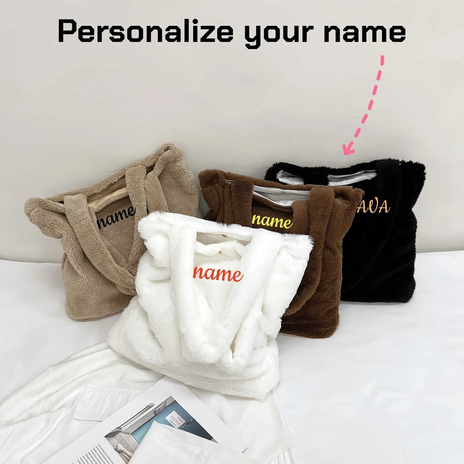 Personalized Name Plush Tote Bag Custom Embroidery Furry Shoulder Bag for Women Winter Fashion Soft Faux Fur Handbag