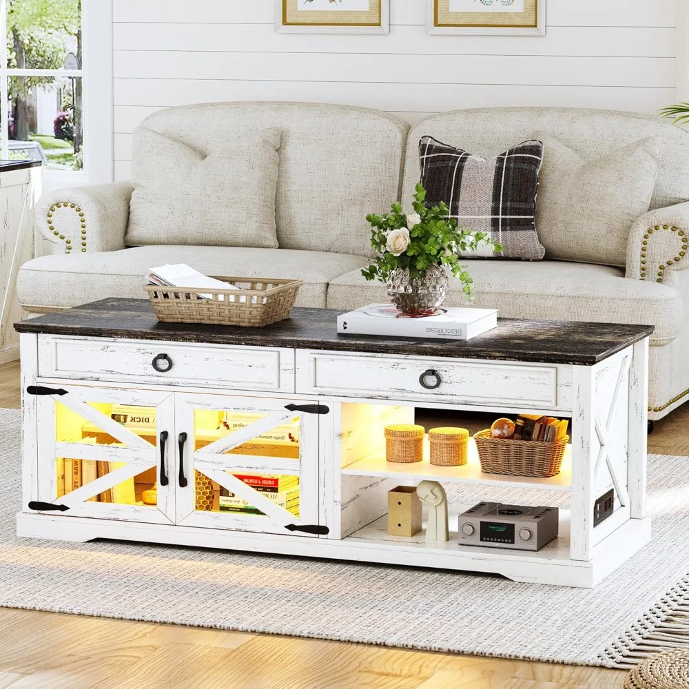 Farmhouse Lift Top Coffee Table com luzes LED e estação de carregamento, Sala Mesa Central, 2 compartimentos de armazenamento escondidos, 48"