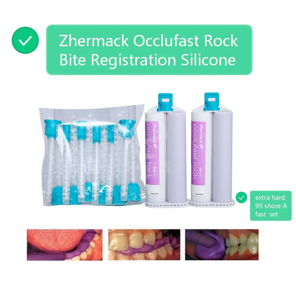 

1 коробка Zhermack Oclufast Rock Dental: Быстроотверждаемый силиконовый материал для регистрации прикуса VPS, 2*50 мл, с 12 насадками для смешивания
