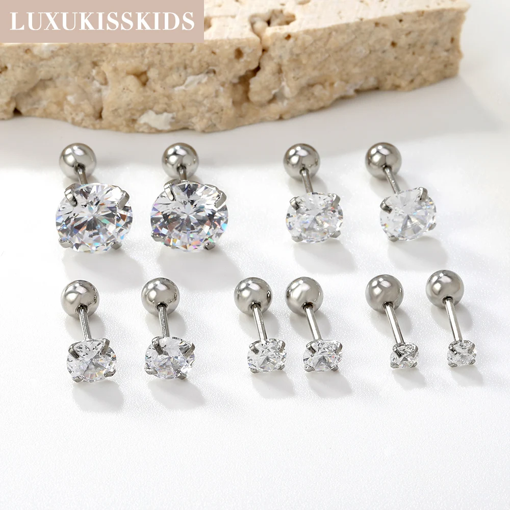 LUXUKISSKIDS 1pairs/2pcs Men Round Crystal Zirconia Stud Earrings Surgical Steel Jewelry Luxury Clear Rhinestone Unisex Piercing