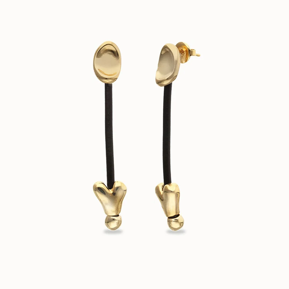 Vintage Brown Rope Silver Heart Long Earrings - Minimalist Geometric Lines with Unique Aura view 5